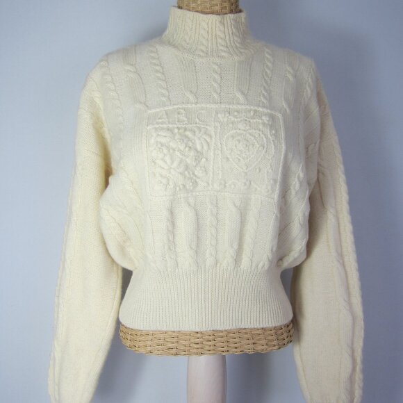Vtg Orvis Women M Ivory LS Mock Neck Cable Knit 100% Wool Crop Pullover Sweater - Picture 2 of 15